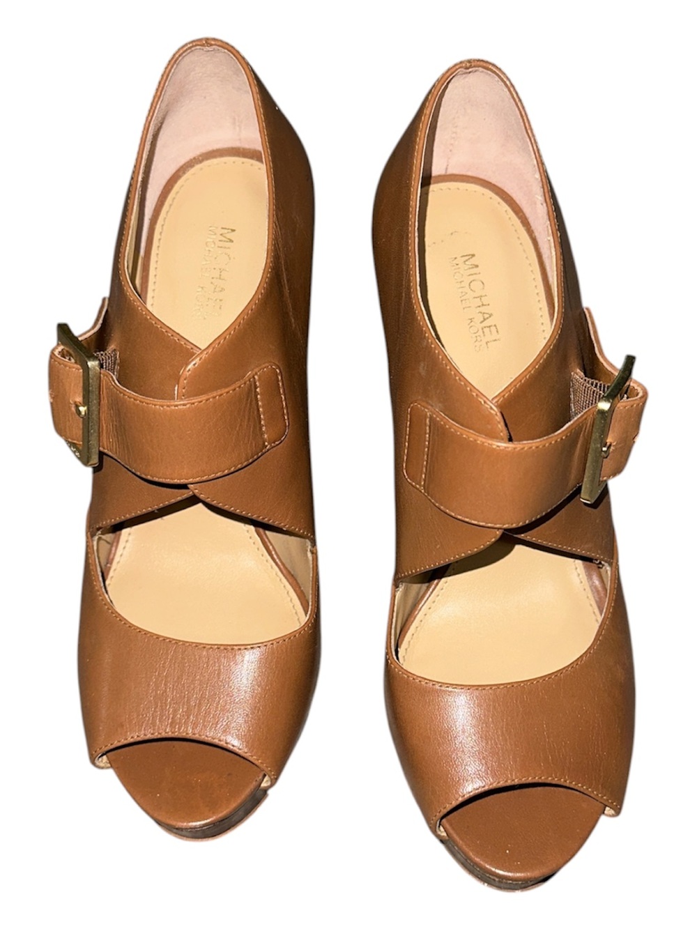 Michael Kors Cognac Leather Peep-Toe Buckle Heels